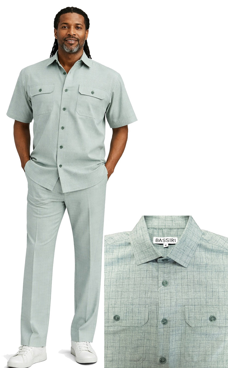 Bassiri 2pc Set Men's Short Sleeve Walking Suit - Grid Pattern Teal #A 144