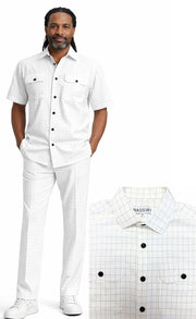 Bassiri 2pc Set Men's Short Sleeve Walking Suit - Grid Pattern White #A 144