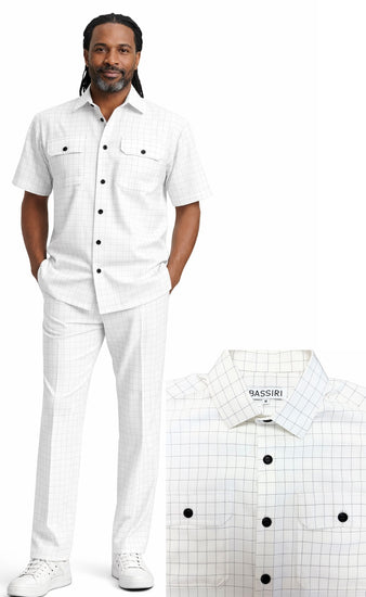 Bassiri 2pc Set Men's Short Sleeve Walking Suit - Grid Pattern White #A 144