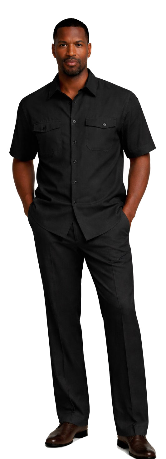 Bassiri 2pc Set Men's Short Sleeve Walking Suit - Solid Pattern Black #A 145
