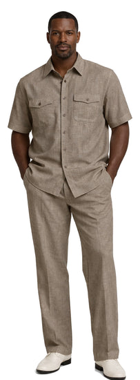 Bassiri 2pc Set Men's Short Sleeve Walking Suit - Solid Pattern Brown #A 145