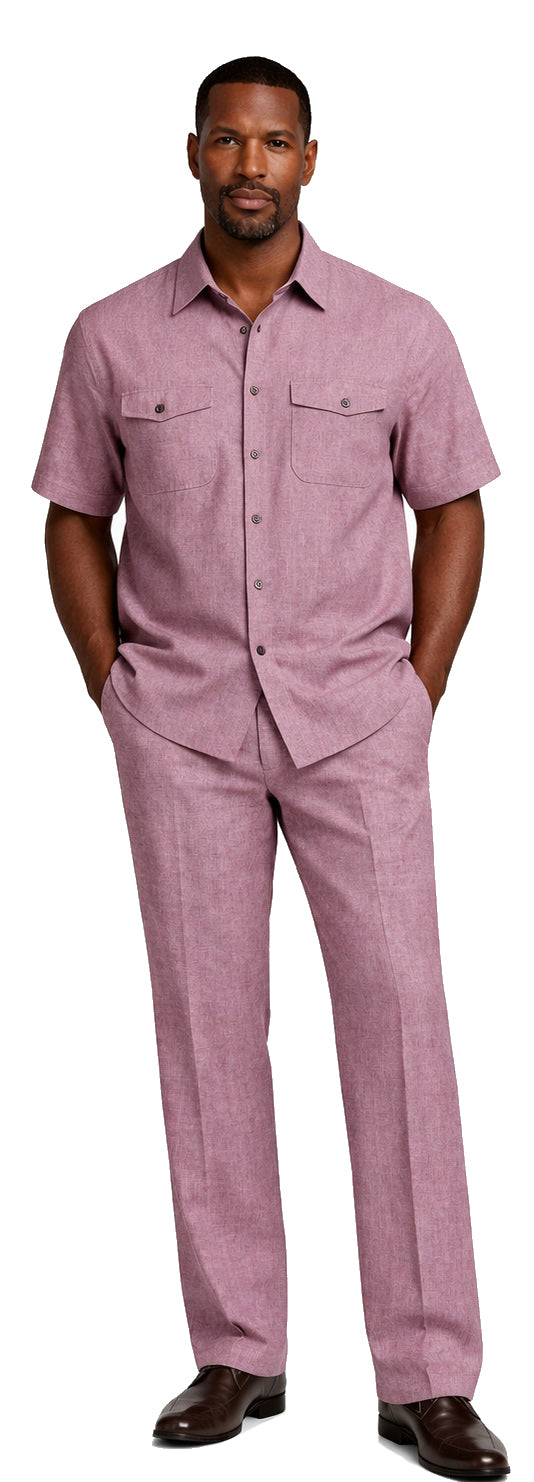 Bassiri 2pc Set Men's Short Sleeve Walking Suit - Solid Pattern Burgundy #A 145