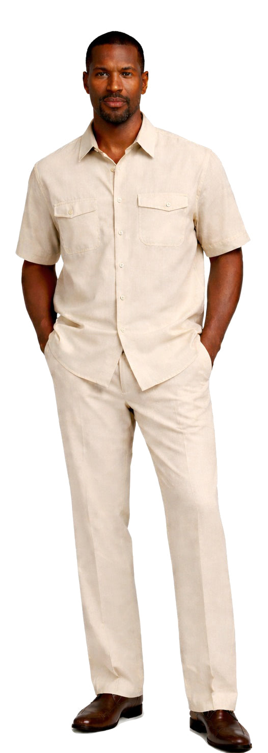 Bassiri 2pc Set Men's Short Sleeve Walking Suit - Solid Pattern Cream #A 145