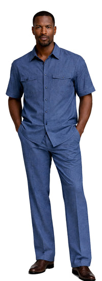 Bassiri 2pc Set Men's Short Sleeve Walking Suit - Solid Pattern Navy #A 145