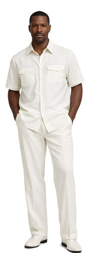 Bassiri 2pc Set Men's Short Sleeve Walking Suit - Solid Pattern White #A 145