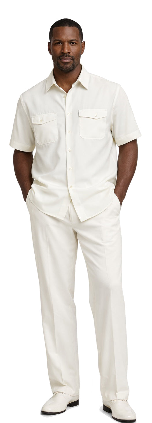 Bassiri 2pc Set Men's Short Sleeve Walking Suit - Solid Pattern White #A 145