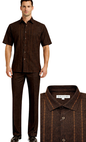Bassiri 2pc Set Men's Short Sleeve Walking Suit - Arrow Lines Pattern Brown #A 146
