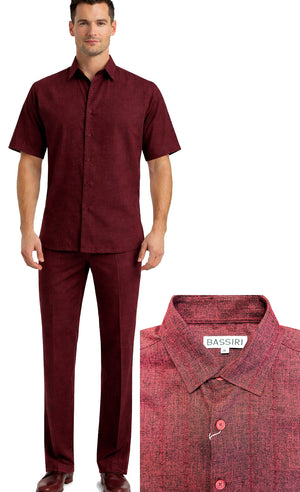 Bassiri 2pc Set Men's Short Sleeve Walking Suit - Arrow Lines Pattern Burgundy #A 146
