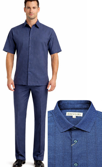 Bassiri 2pc Set Men's Short Sleeve Walking Suit - Arrow Lines Pattern Navy #A 146