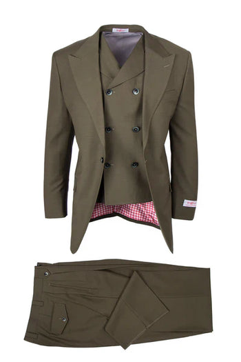 EST OLIVE, Pure Wool, Wide Leg Suit & Vest by Tiglio Rosso