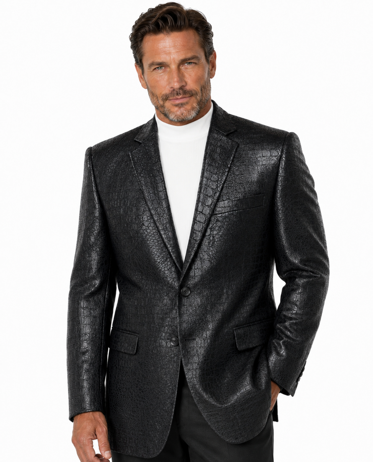 Bassiri Two Button Single Breasted Men's Blazer - Crocodile Pattern Black #J 1041