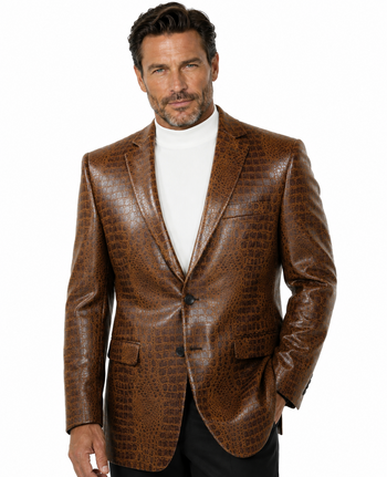 Bassiri Two Button Single Breasted Men's Blazer - Crocodile Pattern Cognac #J 1041