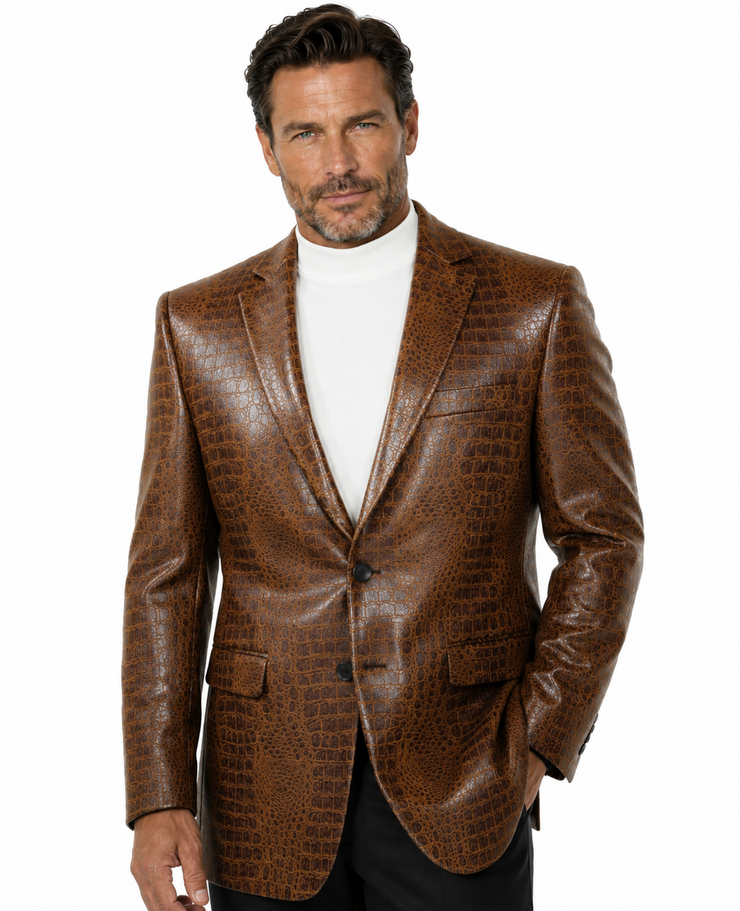 Bassiri Two Button Single Breasted Men's Blazer - Crocodile Pattern Cognac #J 1041