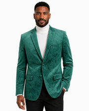 Bassiri Two Button Single Breasted Men's Blazer - Floral Velvet Pattern Hunter Green #J 1044