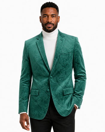 Bassiri Two Button Single Breasted Men's Blazer - Floral Velvet Pattern Hunter Green #J 1044