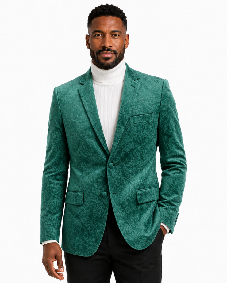 Bassiri Two Button Single Breasted Men's Blazer - Floral Velvet Pattern Hunter Green #J 1044