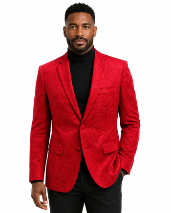 Bassiri Two Button Single Breasted Men's Blazer - Floral Velvet Pattern Red #J 1044