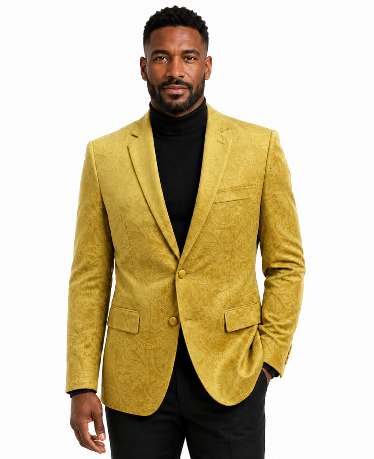 Bassiri Two Button Single Breasted Men's Blazer - Floral Velvet Pattern Yellow #J 1044
