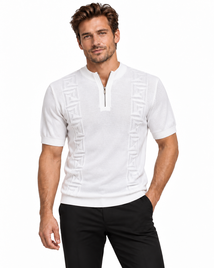 Bassiri Men's Zip Short Sleeve Sweater - Greek Key Pattern White #Q 126