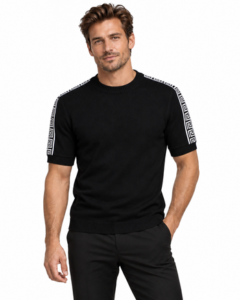 Bassiri Men's Round Neck Short Sleeve Sweater - Greek Key Pattern Black #Q 132