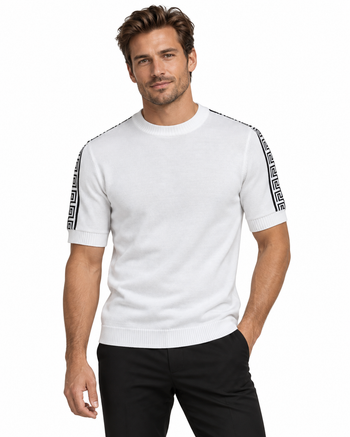 Bassiri Men's Round Neck Short Sleeve Sweater - Greek Key Pattern White #Q 132