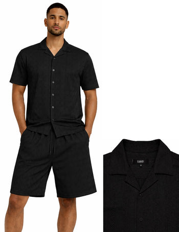 Bassiri 2pc Set Men's Short Sleeve Shirt and Shorts Co-ord Walking Suit - Diamonds Pattern Black #T 126