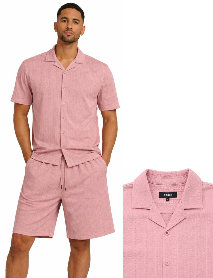 Bassiri 2pc Set Men's Short Sleeve Shirt and Shorts Co-ord Walking Suit - Diamonds Pattern Blush #T 126
