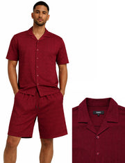 Bassiri 2pc Set Men's Short Sleeve Shirt and Shorts Co-ord Walking Suit - Diamonds Pattern Burgundy #T 126