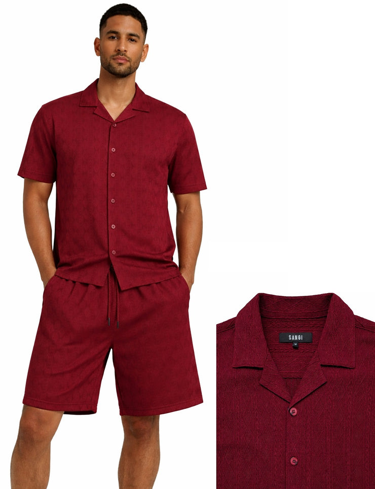 Bassiri 2pc Set Men's Short Sleeve Shirt and Shorts Co-ord Walking Suit - Diamonds Pattern Burgundy #T 126