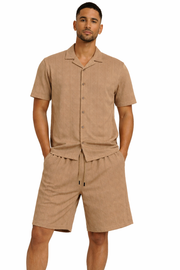 Bassiri 2pc Set Men's Short Sleeve Shirt and Shorts Co-ord Walking Suit - Diamonds Pattern Cappuccino #T 126