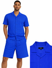 Bassiri 2pc Set Men's Short Sleeve Shirt and Shorts Co-ord Walking Suit - Diamonds Pattern Royal Blue #T 126