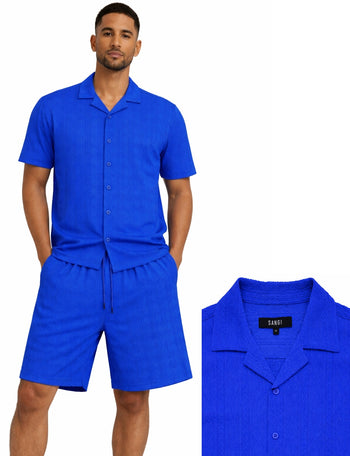 Bassiri 2pc Set Men's Short Sleeve Shirt and Shorts Co-ord Walking Suit - Diamonds Pattern Royal Blue #T 126