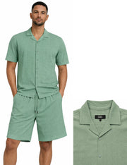 Bassiri 2pc Set Men's Short Sleeve Shirt and Shorts Co-ord Walking Suit - Diamonds Pattern Sage #T 126