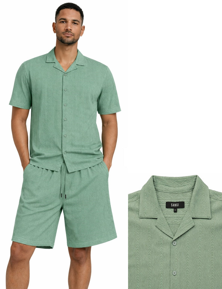 Bassiri 2pc Set Men's Short Sleeve Shirt and Shorts Co-ord Walking Suit - Diamonds Pattern Sage #T 126