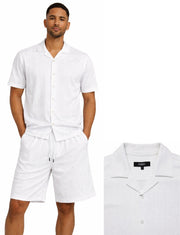 Bassiri 2pc Set Men's Short Sleeve Shirt and Shorts Co-ord Walking Suit - Diamonds Pattern White #T 126
