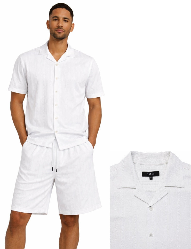 Bassiri 2pc Set Men's Short Sleeve Shirt and Shorts Co-ord Walking Suit - Diamonds Pattern White #T 126
