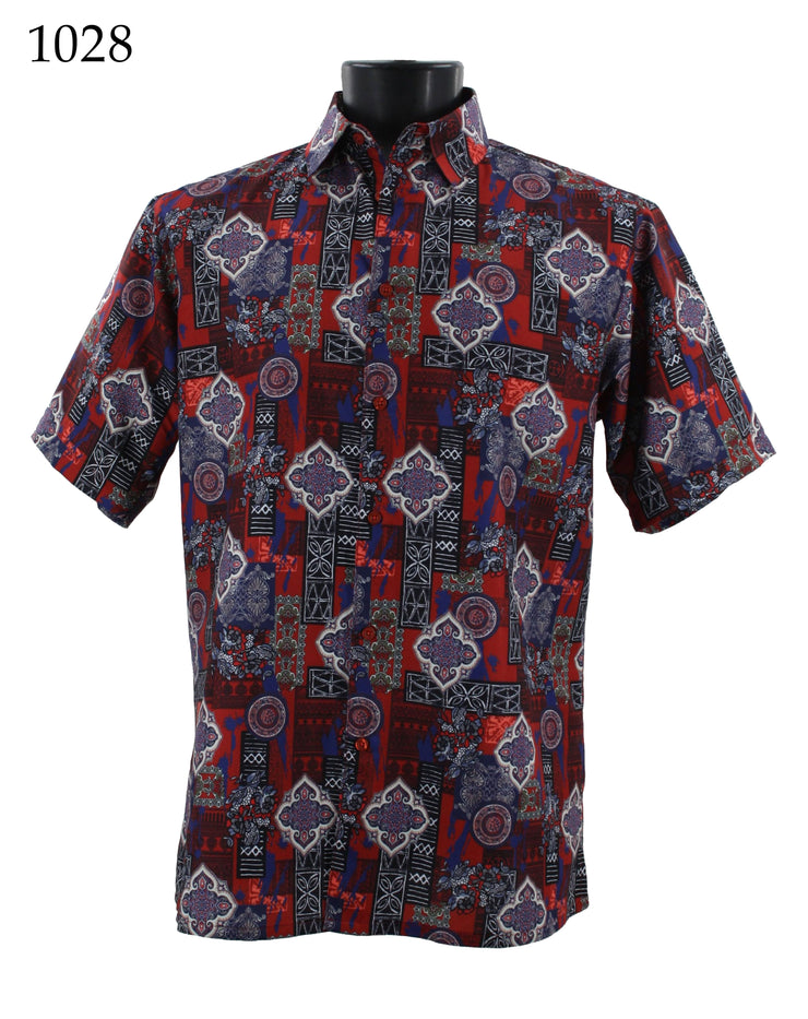 Bassiri Short Sleeve Button Down Casual Printed Men's Shirt - Abstract Pattern Red #1028