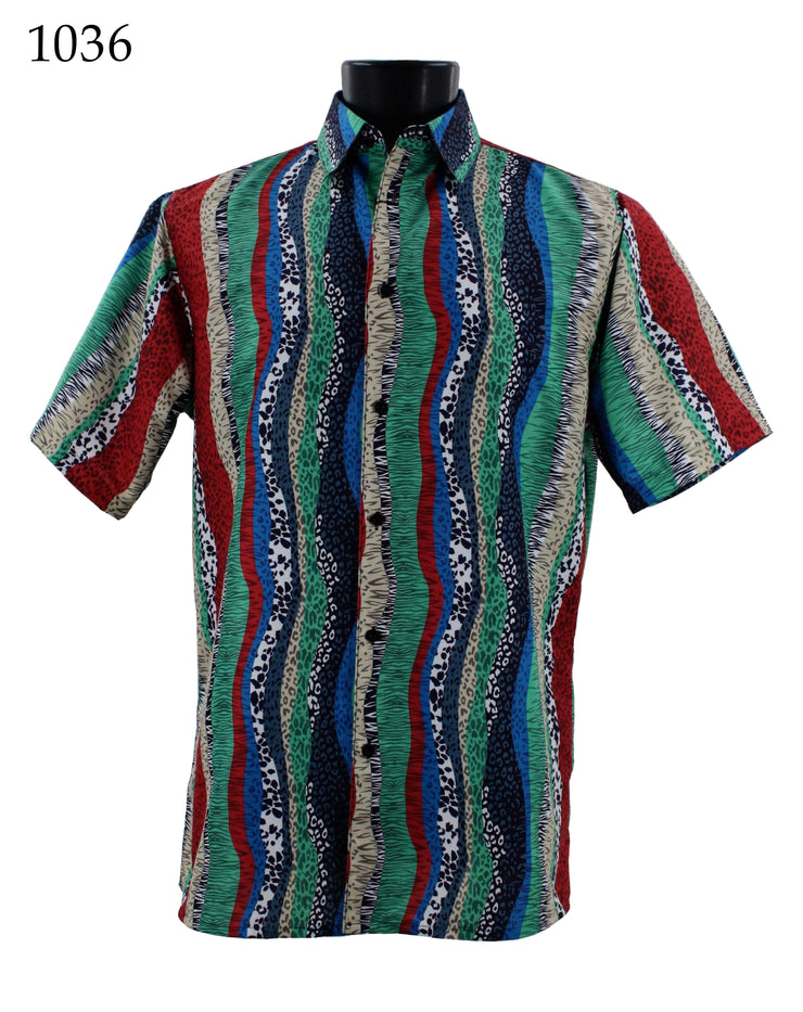 Bassiri Short Sleeve Button Down Casual Printed Men's Shirt - Abstract Pattern Green #1036