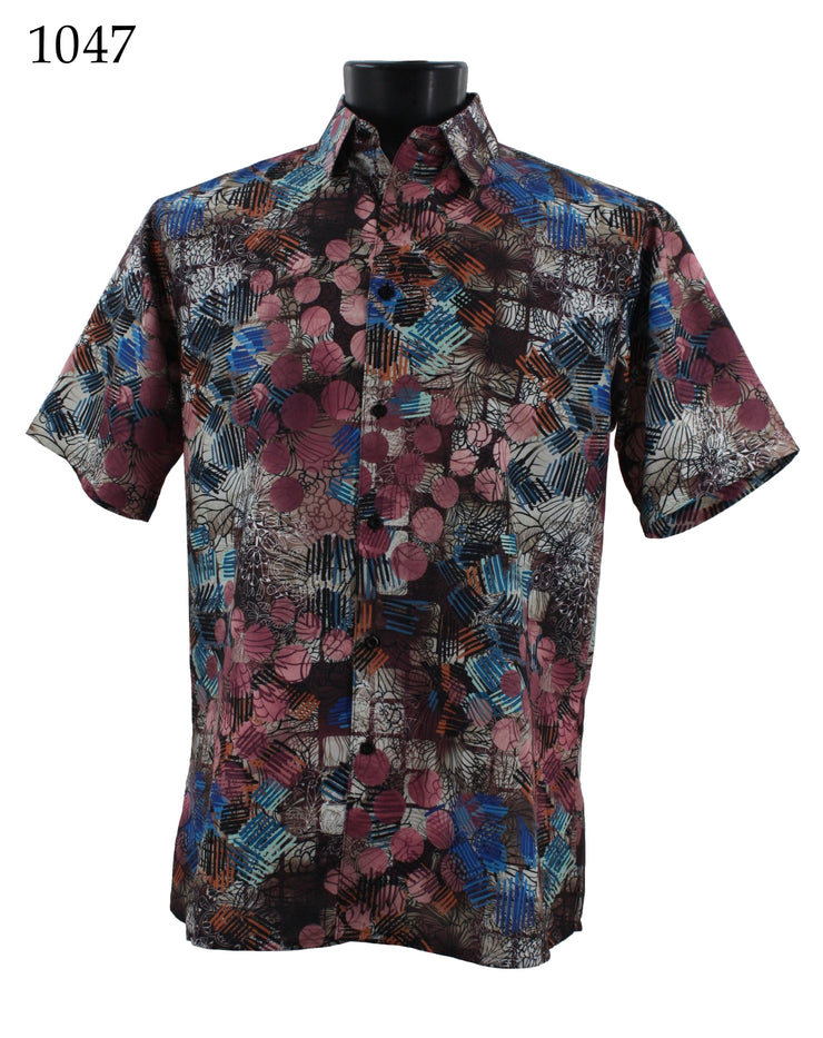 Bassiri Short Sleeve Button Down Casual Printed Men's Shirt - Abstract Pattern Pink #1047