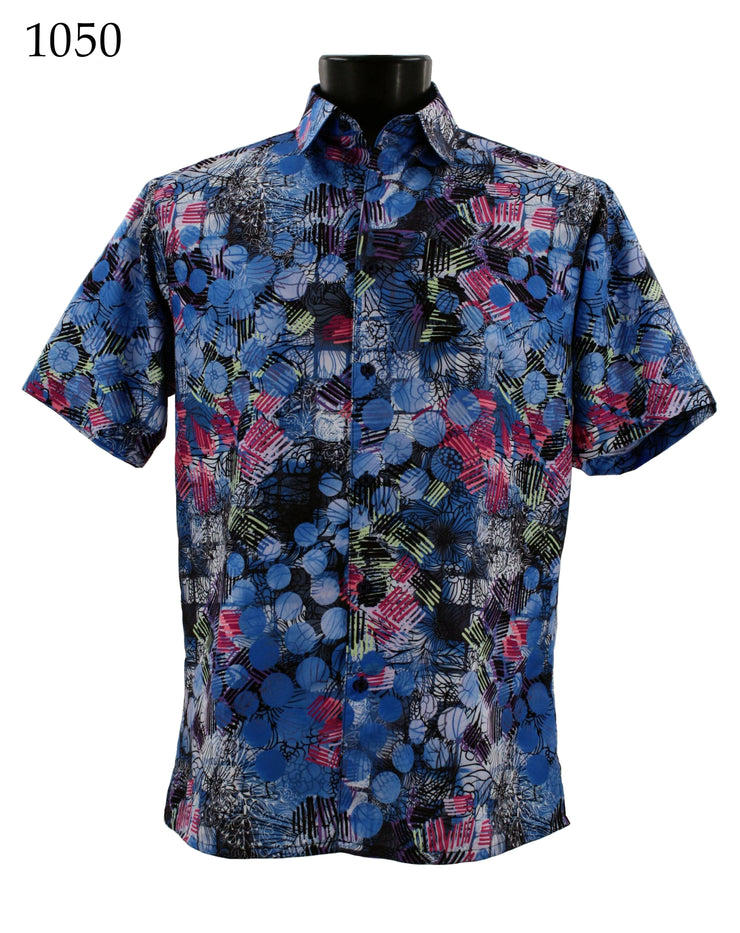 Bassiri Short Sleeve Button Down Casual Printed Men's Shirt - Abstract Pattern Blue #1050