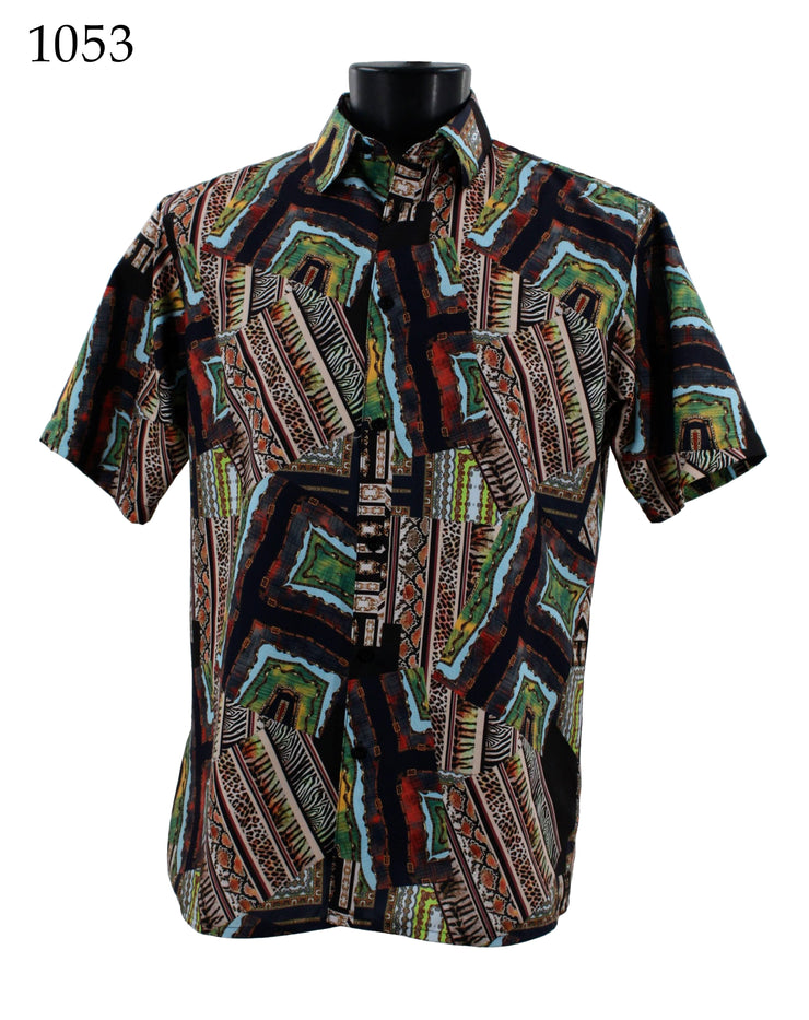 Bassiri Short Sleeve Button Down Casual Printed Men's Shirt - Abstract Pattern Green #1053