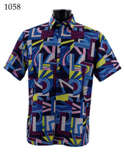 Bassiri Short Sleeve Button Down Casual Printed Men's Shirt - Abstract Pattern Blue #1058