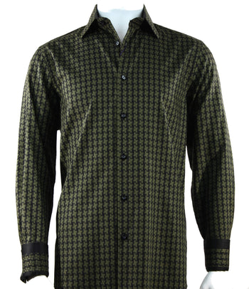 Cado Long Sleeve Button Down Men's Fashion Shirt - Geometric Pattern Olive #157