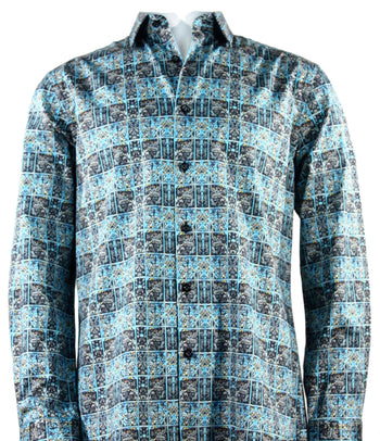 Cado Long Sleeve Button Down Men's Fashion Shirt - Floral Pattern Turquoise #162