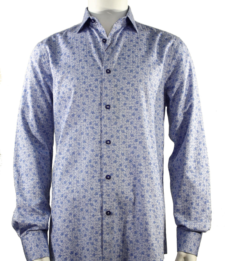 Cado Long Sleeve Button Down Men's Fashion Shirt - Leaf Pattern Blue #167