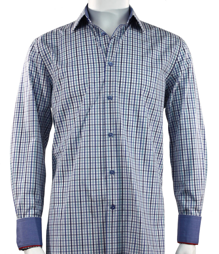 Cado Long Sleeve Button Down Men's Fashion Shirt - Plaid Pattern Blue #227