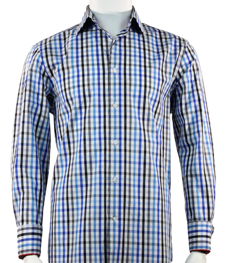 Cado Long Sleeve Button Down Men's Fashion Shirt - Plaid Pattern Blue #252