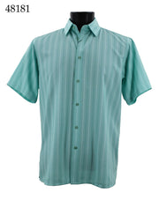 Bassiri Short Sleeve Button Down Casual Tone on Tone Men's Shirt - Shadow Stripe Pattern Sea Green #48181