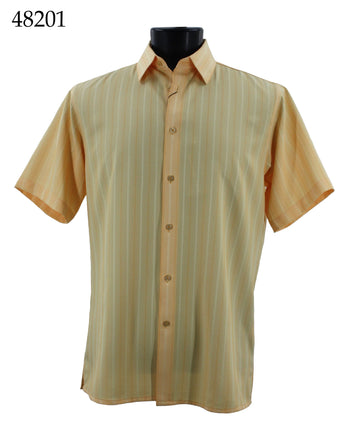 Bassiri Short Sleeve Button Down Casual Tone on Tone Men's Shirt - Shadow Stripe Pattern Yellow #48201