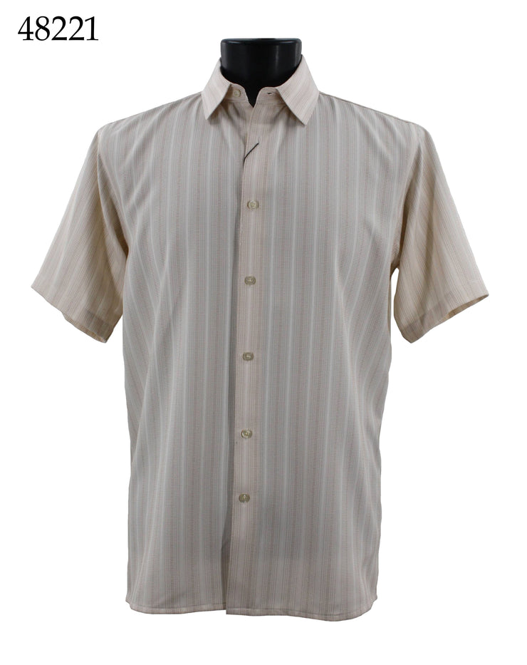 Bassiri Short Sleeve Button Down Casual Tone on Tone Men's Shirt - Shadow Stripe Pattern Cream #48221
